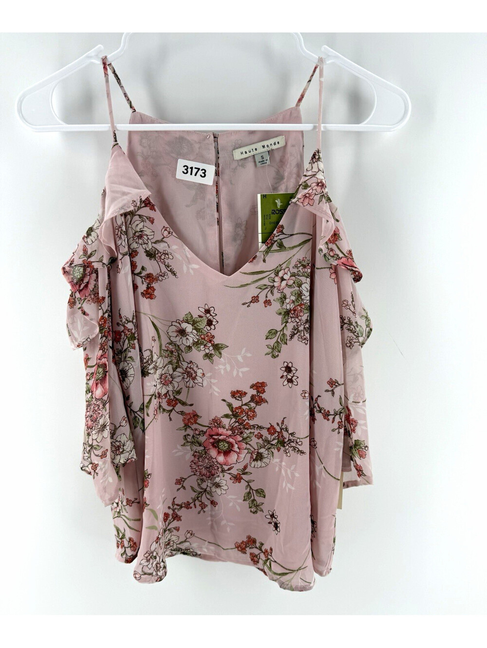 Haute Monde Women's Pink Floral Cold Shoulder Ruffle V-Neck Blouse Size S